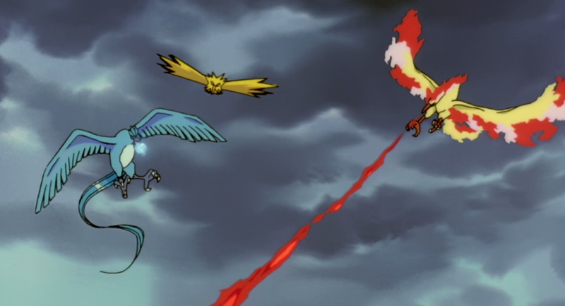 animal wildlife, low angle view, Moltres (Pokémon), Zapdos (Pokémon), outdoors, mid-air, cloud - sky, no people, sky, beauty in nature, environment, Movie