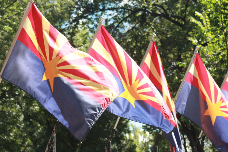 day, sky, Phoenix, nature, plant, Blue, southwest, focus on foreground, multi colored, Arizona, gold, patriotism, wind, outdoors, Flag, State, Red, environment