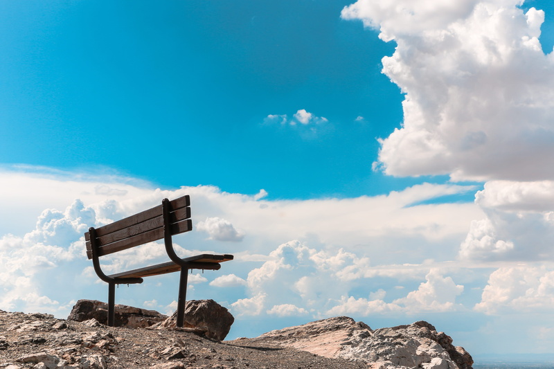 land, bench, united states, day, no people, seat, landscape, absence, cloud - sky, peaceful, rock - object, empty, mountain top, tranquility, 5K, tranquil scene