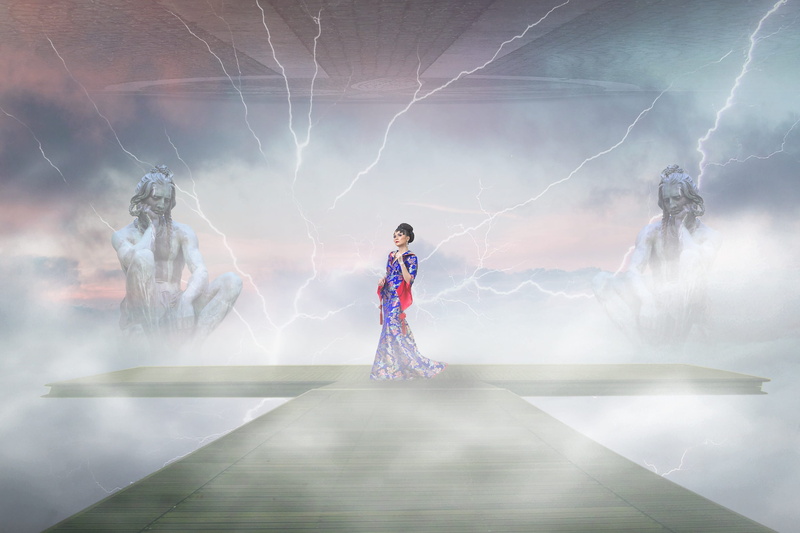 front view, mythology, cloud - sky, mythical, composition, power in nature, animation, one person, architecture, girl, contemplation, depths, fantasy world