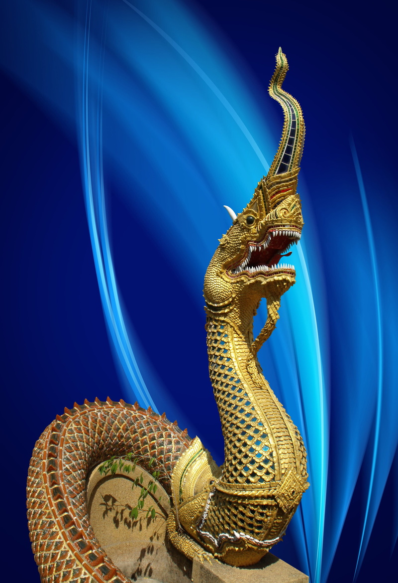 Gilded, Dragon, mythical creatures, animal wildlife, indoors, east, Gold, no people, Statue, black background, pattern, vertebrate, Thailand, animal, reptile