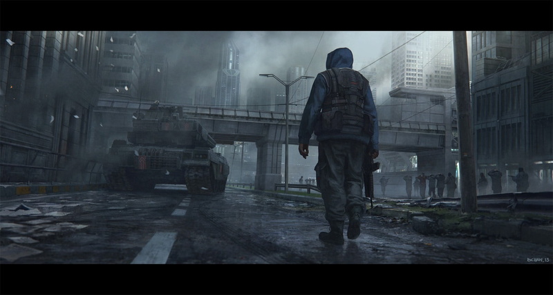 science fiction, pants, walking, tactical, real people, standing, motor vehicle, men, built structure, pollution, war, rain, s, martial law, rear view