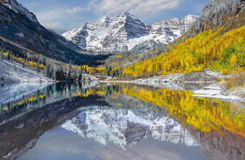 Colorado, Maroon Bells, peaks, lake, reflection, Elk Mountains, water, mountains, autumn, 1080P, USA, state