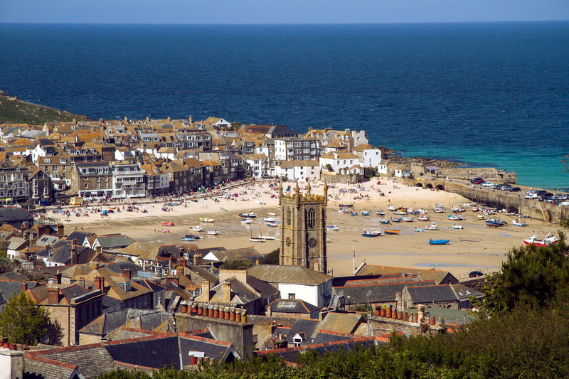 sky, st ives, Sea, Coast, townscape, coast, high angle view, Cornwall, residential district, horizon, 4K, building, crowd, built structure, city, cityscape