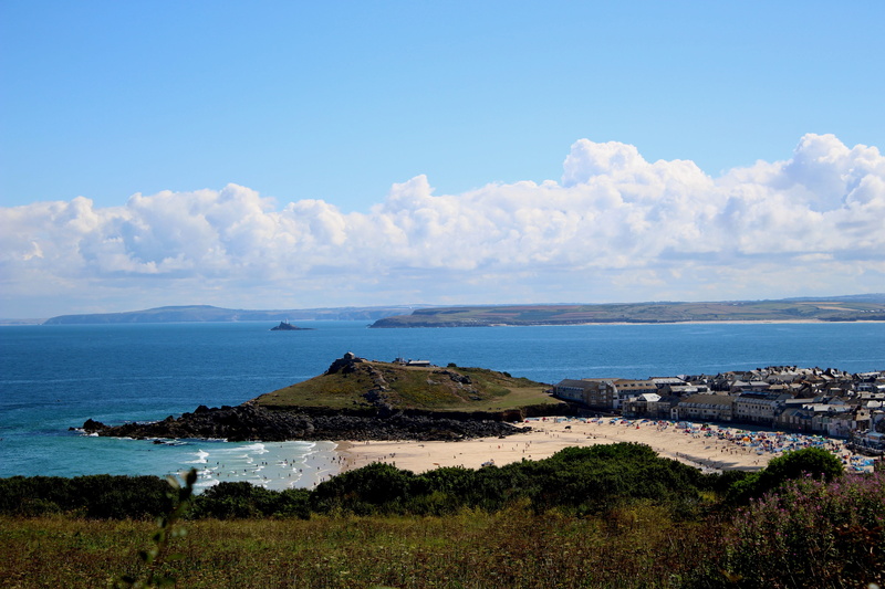 cornwall, sand, water, panorama, cloud - sky, no people, island, st ives, tranquility, beach, blue, sea, history, beauty in nature, land, horizon, nature