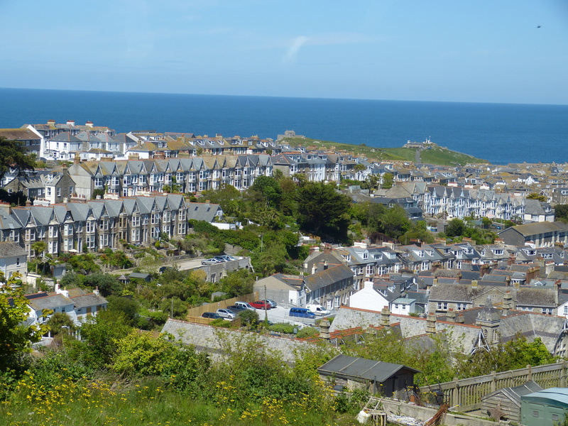 built structure, coast, tree, cityscape, horizon, architecture, house, horizon over water, town, view, day, cornwall, high angle view, st ives, outlook