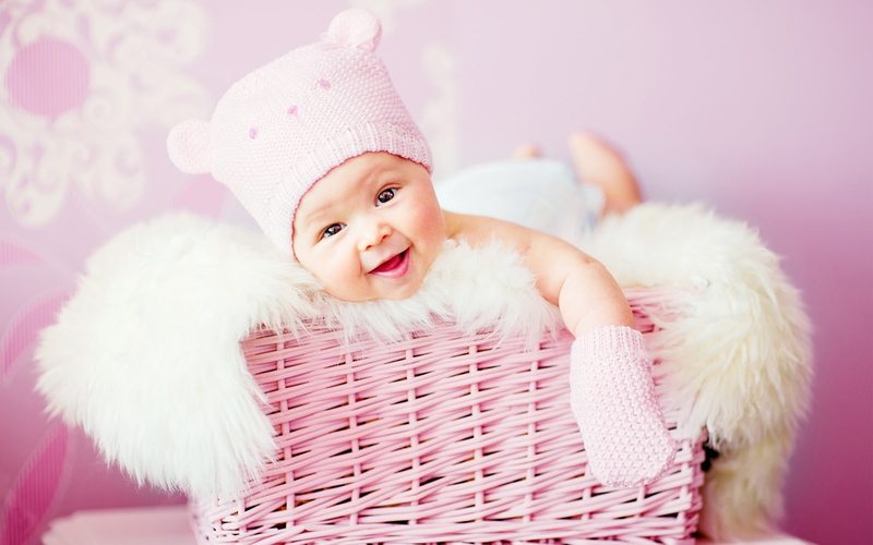  baby, pink color, smiling, winter, knit, portrait, laughing, mittens, cheerful, emotion, hd, cute, indoors, looking at camera, pink, hat, childhood