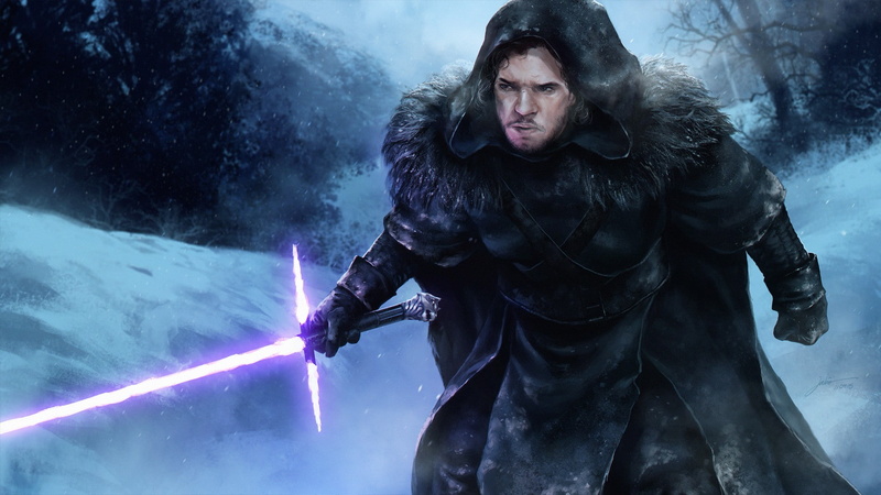 1080P, artwork, fantasy art, lightsaber, Game of Thrones, Jon Snow, Star Wars, crossover