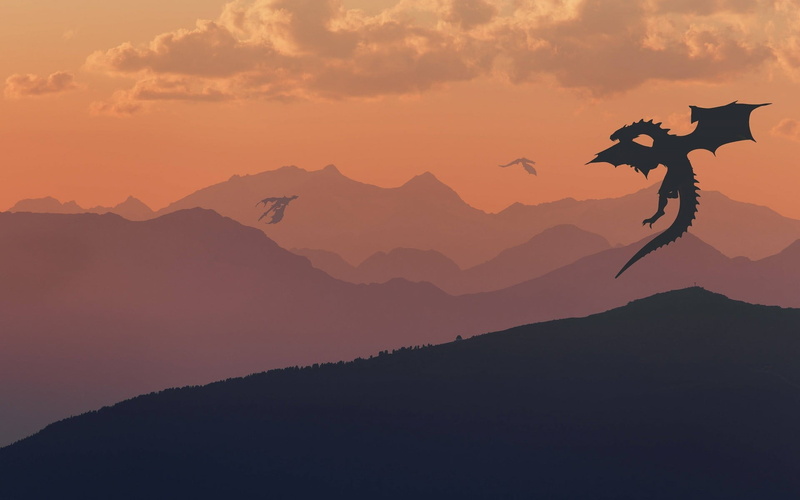 tranquility, silhouette, fantasy art, sunset, orange color, The Elder Scrolls, mountain, 1080P, no people, landscape, non-urban scene, cloud - sky, tranquil scene