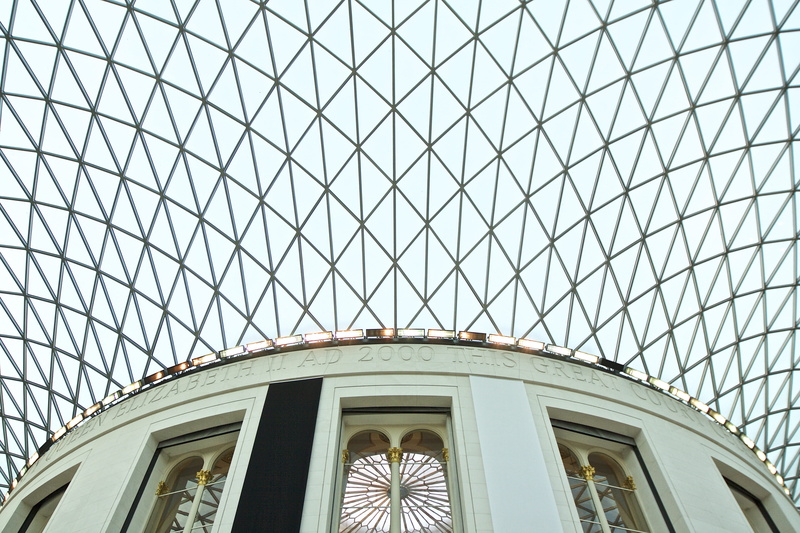 british museum, architecture and art, sunlight, directly below, the british museum, building exterior, pattern, roof, ceiling, modern, low angle view, london