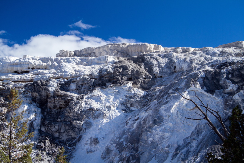 america, yellowstone national park, snow, nature, volcanic, mammoth springs, pine tree, snowcapped mountain, blue, winter, cliff, outdoors, mountain range
