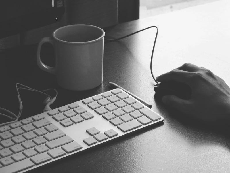 blogging, desk, finger, business, ceramic, coffee, earbuds, near, mac, office, mouse, hand, home office, drink, human Hand, technology, pencil, click, computer equipment