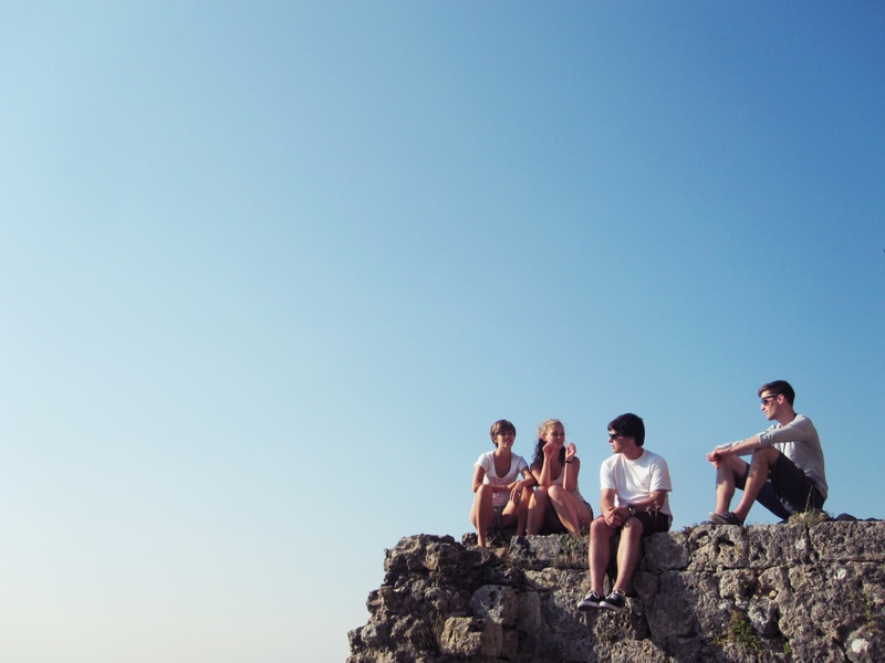 summer holiday, dom, blue, summit, three, concrete, group of people, outdoors, high, women, chill out, adult, sunlight, rock - object, training, atmosphere