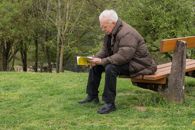 reading, full length, land, bank, 5K, holding, sit, rest, read, nature, harmony, thinking, sitting, grandpa, chair man, person, plant, way, senior men