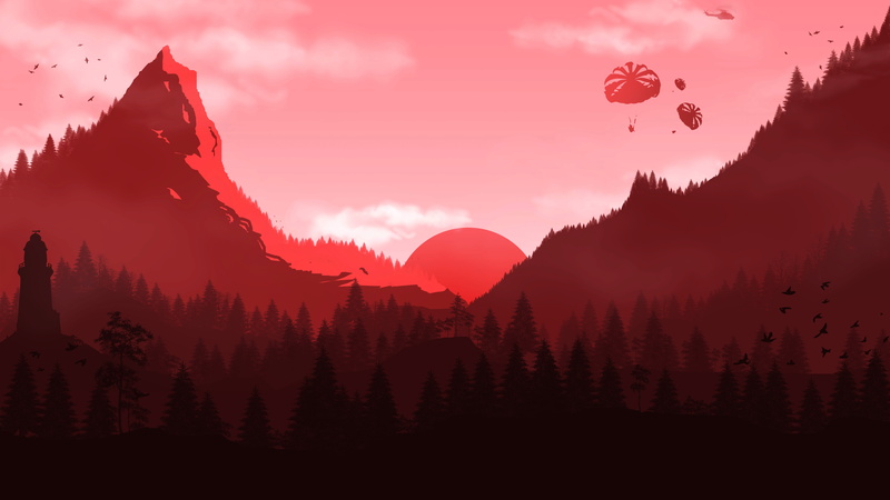 sky, no people, mountain, minimalism, artwork, 4k, 8k, forest, 5k, plant, mountain peak, artist, non-urban scene, red, minimalist, tree, tranquil scene