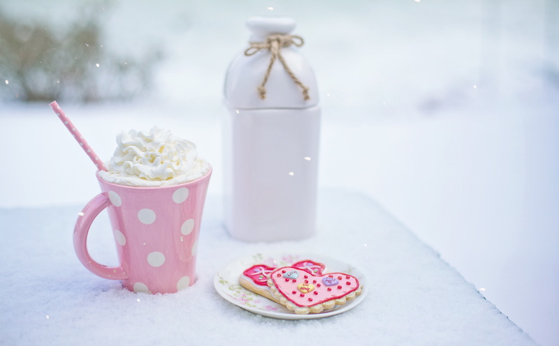 Pink, Cute, Snowflakes, cookies, milk, food and drink, still life, pinkmug, 2017, temptation, 5K, cold temperature, focus on foreground, Holidays, ready-to-eat