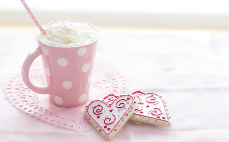 Cream, coffee - drink, pink color, cup, beverage, 5K, Romance, HeartCookies, polka dot, Treat, tea cup, valentines, ValentinesDayCookies, day, lightpink