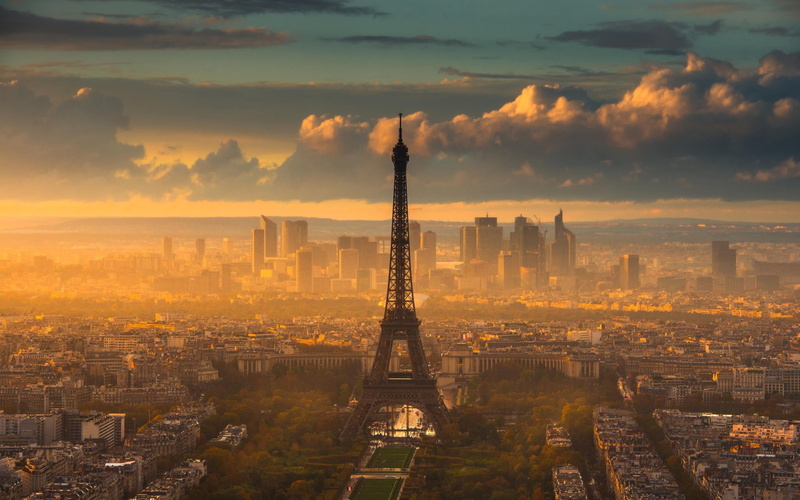 sky, architecture, 1080P, Eiffel Tower, Paris, aerial, tall - high, built structure, no people, building, tower, building exterior, cityscape, outdoors