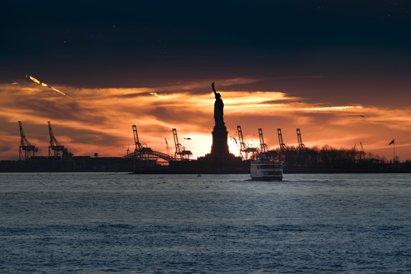 nautical Vessel, cityscape, body, travel destinations, architecture, cloud - sky, water, statue, night, river, orange color, flaming torch, dusk, 8K, travel