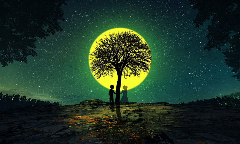 Tree, 2K, Couple, Fantasy, Silhouette, Love, Full Moon