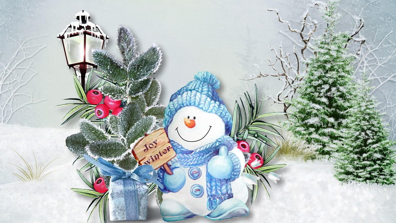 berries, lovable, 1080P, gift, joy, winter, leaves, snow, frost, cold, lamp post, whimsical, snowman, sweet, cute, trees