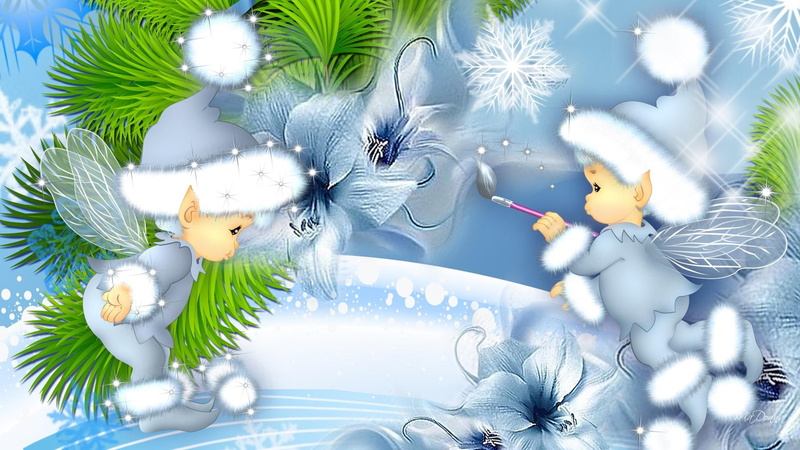 blue, cute, cold, elves, fleurs, feliz navidad, 1080P, winter, sweet, flowers, christmas, snowflakes, tree, painting, paint brush