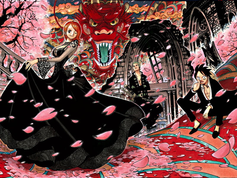 nami, roronoa, monkey, piece, anime, 720P, luffy, blossoms, zoro, cherry