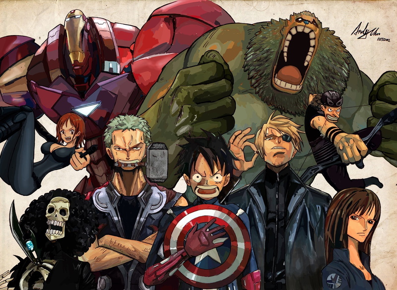 high angle view, illustration, male likeness, art and craft, craft, representation, Thor, female likeness, mask, Black Widow, Nico Robin, people, crossover