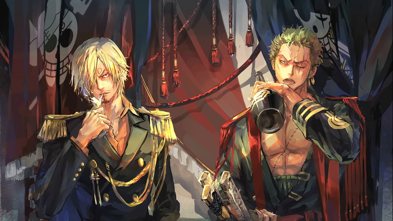 Blonde, Green Hair, Drinking, 4K, Smoking, Anime, One Piece, Boy, Zoro Roronoa, Sanji (One Piece)