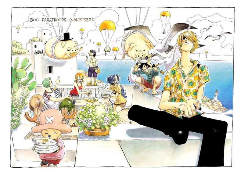 lighthouse, Monkey D. Luffy, anime, Roronoa Zoro, Usopp, One Piece, 1080P, Nami, Nefertari Vivi, Sanji, parachutes, Tony Tony Chopper, pigs