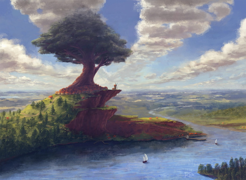 travel destinations, painting, outdoors, land, hill, tranquility, cloud - sky, artwork, tree, day, sky, no people, mountain, plant, large, nature, fantasy art