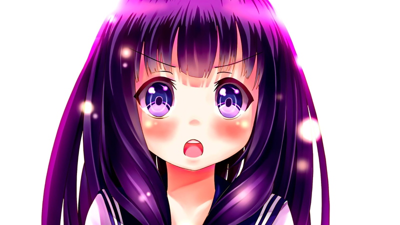 disguise, anime, hairstyle, mask, open mouth, studio shot, mask - disguise, indoors, human representation, cut out, art and craft, dyed hair, purple, front view