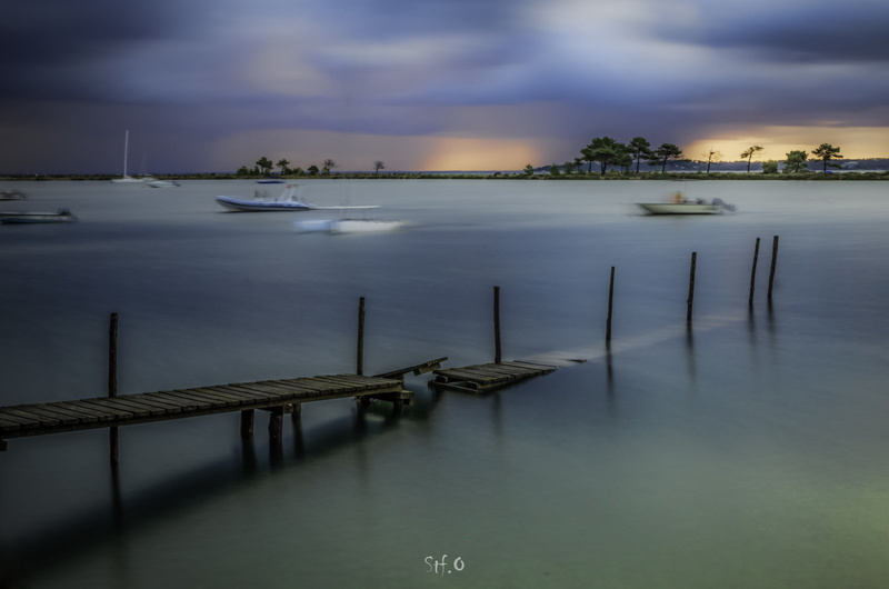 water, sea, harbor, arcachon, 4K, body, reflection, long exposure photograph, night, boats, cap-ferret, wooden, dock, photograph, long, exposure, body