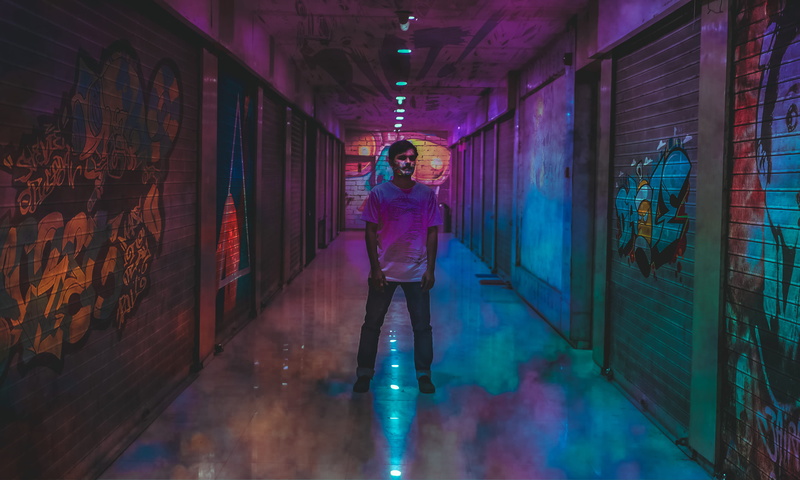 walls, real people, one person, photoshopcc, arcade, night, mumbai, paintings, colors, photoshop, front view, illuminated, women, graffiti, clothing, adobe