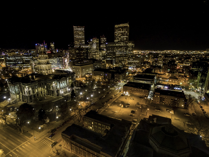 1395 logan st, City Lights, Denver State House, city, Denver Skyline, built structure, night, Cityscape, 4K, high angle view, residential district, Drone Photography