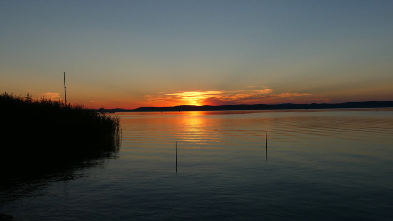 scenics - nature, no people, waterfront, outdoors, beauty in nature, sunset, sun, tranquility, water, balaton, lake balaton, hungary, 4K, sky, orange color
