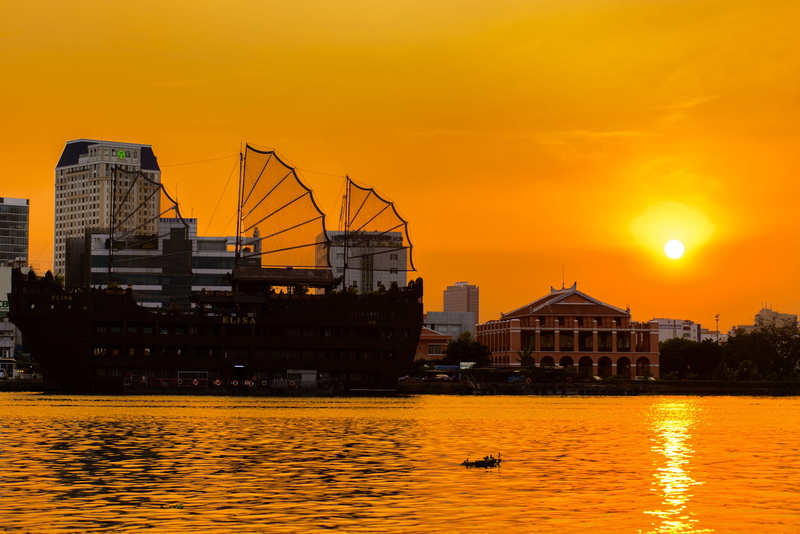 lights city, sun, bitestco, nautical vessel, built structure, tower, water, saigon, reflection, river, outdoors, building exterior, no people, architecture