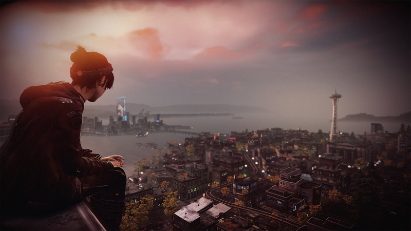 infamous first light, landscape, men, 1080P, pollution, office building exterior, sky, architecture, building exterior, outdoors, sunset, skyscraper, cloud - sky