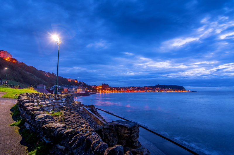 sea, scarborough, outdoors, landscape, illuminated, tranquility, reflection, nature, seaside, seascape, 5K, cloud - sky, solid, yorkshire, light, beauty in nature