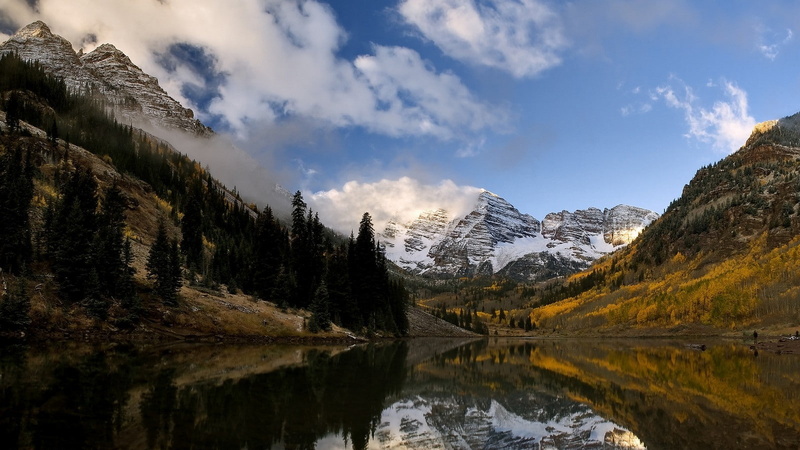 Colorado, fall, forest, mountains, morning, landscape, water, clouds, 720P, reflection, nature, mist, lake, snowy peak
