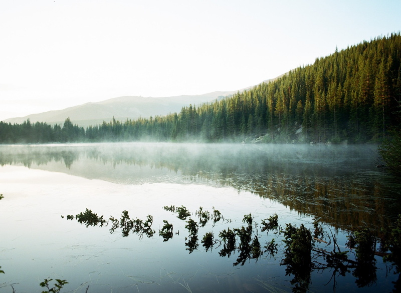 outdoors, lake, reflection lake, coniferous tree, reflection, non-urban scene, Colorado, sky, landscape, national park, nature, mist, sunlight, plant, tranquility