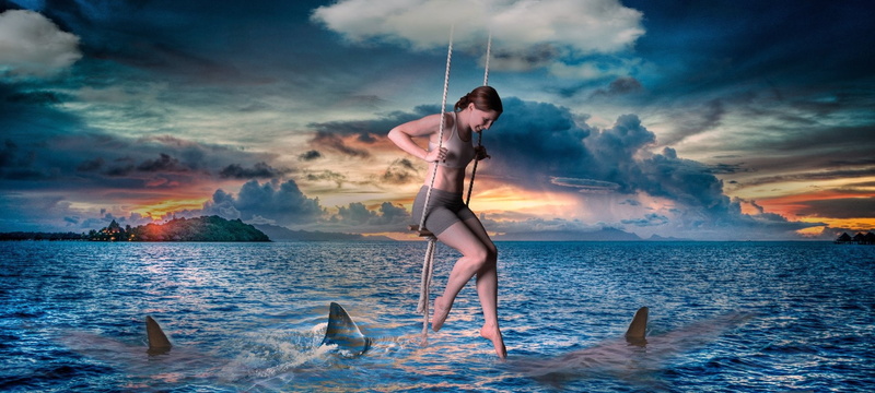 Sea, Photography, Manipulation, Woman, 1080P, Ocean, Artistic, Fantasy, Swing, Shark, Girl