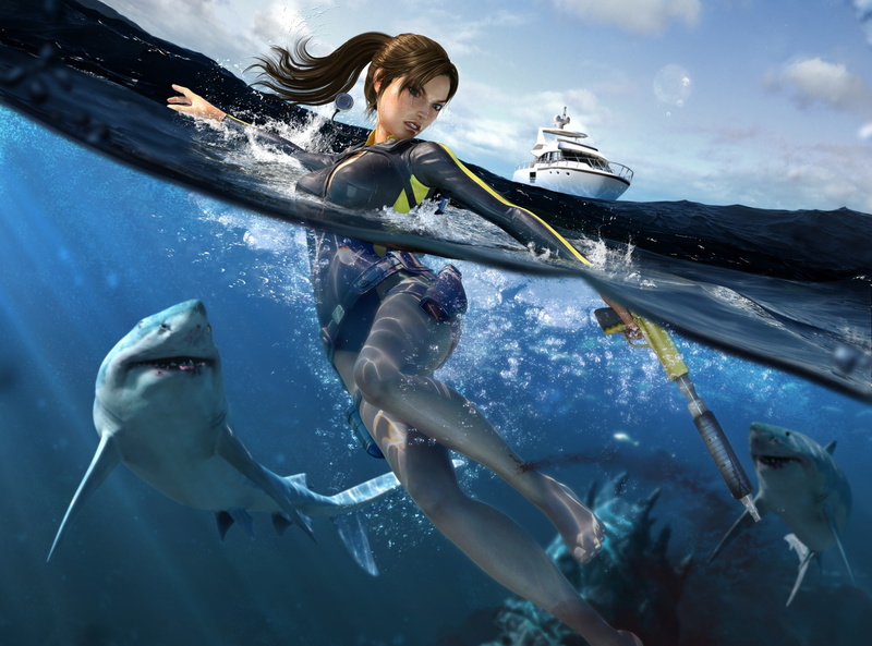 outdoors, illustration, Tomb Raider, 2K, mediterranean sea, woman, tomb, sea life, Games, croft, sport, undersea, holding, leisure activity, sea, spear