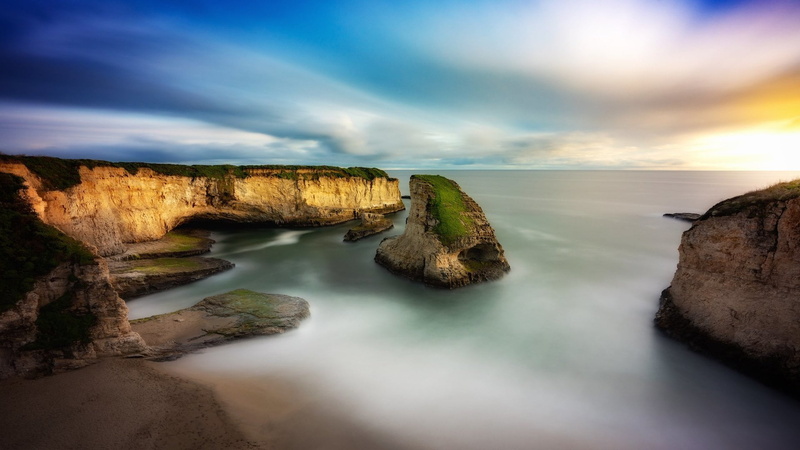 sky, rocks, nature, clouds, sea, landscape, shore, Shark Fin Cove, 1080P, California