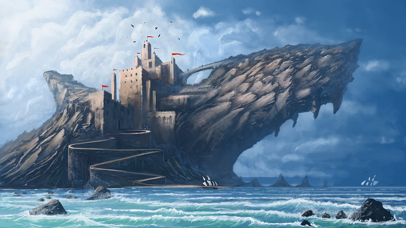 Fin, deviantart, clouds, fangs, tower, painting, nature, outdoors, Flag, shark, birds, scenics - nature, bird, water, non-urban scene, sky, cloud - sky