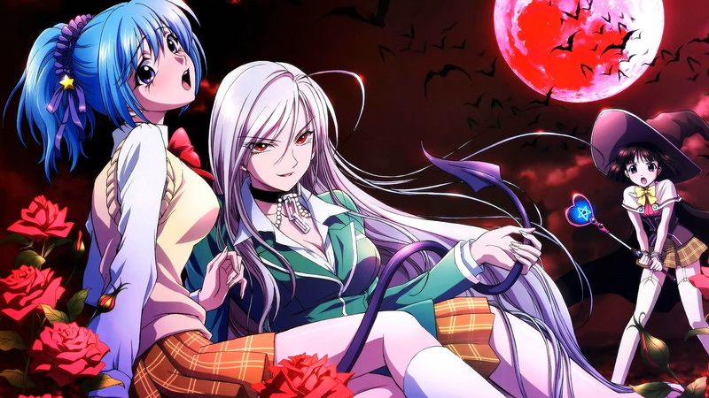 Akashiya Moka, Rosario + Vampire, blue hair, hat, anime, red eyes, 1080P, Kurono Kurumu, brunette, looking away, anime girls, Sendo Yukari