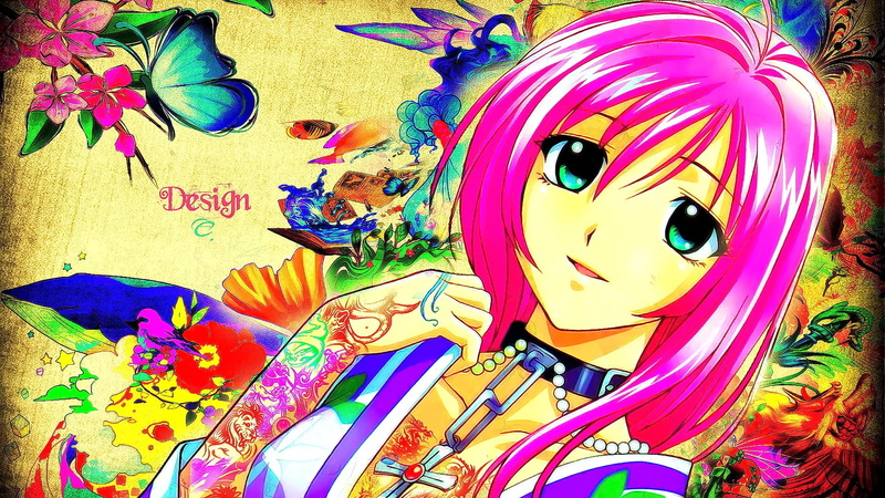 Rosario + Vampire, flowers, pattern, paint, indoors, creativity, anime, looking at viewer, pink hair, male likeness, green eyes, smiling, female likeness