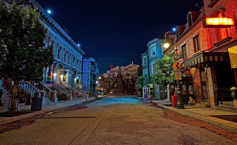 building exterior, sky, nature, lighting equipment, illuminated, Neighborhood, night, 2K, houses, pathway, architecture, road, long, residential district