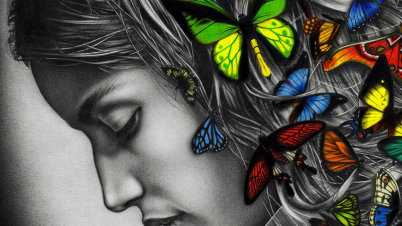 artwork, 1080P, women, faces, hd, x, butterfly, grayscale, butterflies, digital, Abstract, art, colorization, animals