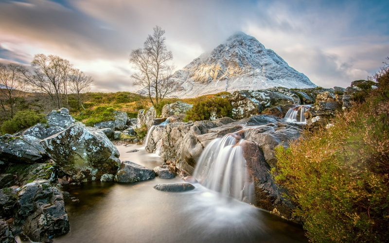 trees, mountain, uk, scotland, nature, waterfall, landscape, river, rocks, 720P